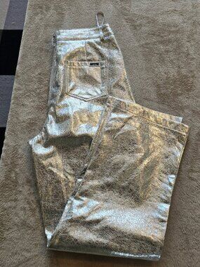 Amy Lynn Silver Metallic Wide-Leg Faux Leather Trousers - Size L